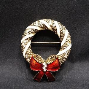 Vintage Christmas Wreath Enamel Brooch, Red Bow, 1960s, 2 Inches